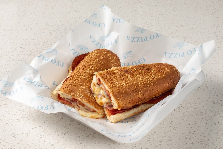 A Brute: baked Italian loaf stuffed with pepperoni, ham and mozzarella